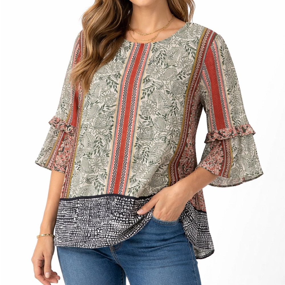 DR2 Boho Paisley Bell Sleeve Lace-Up Back Top Size L